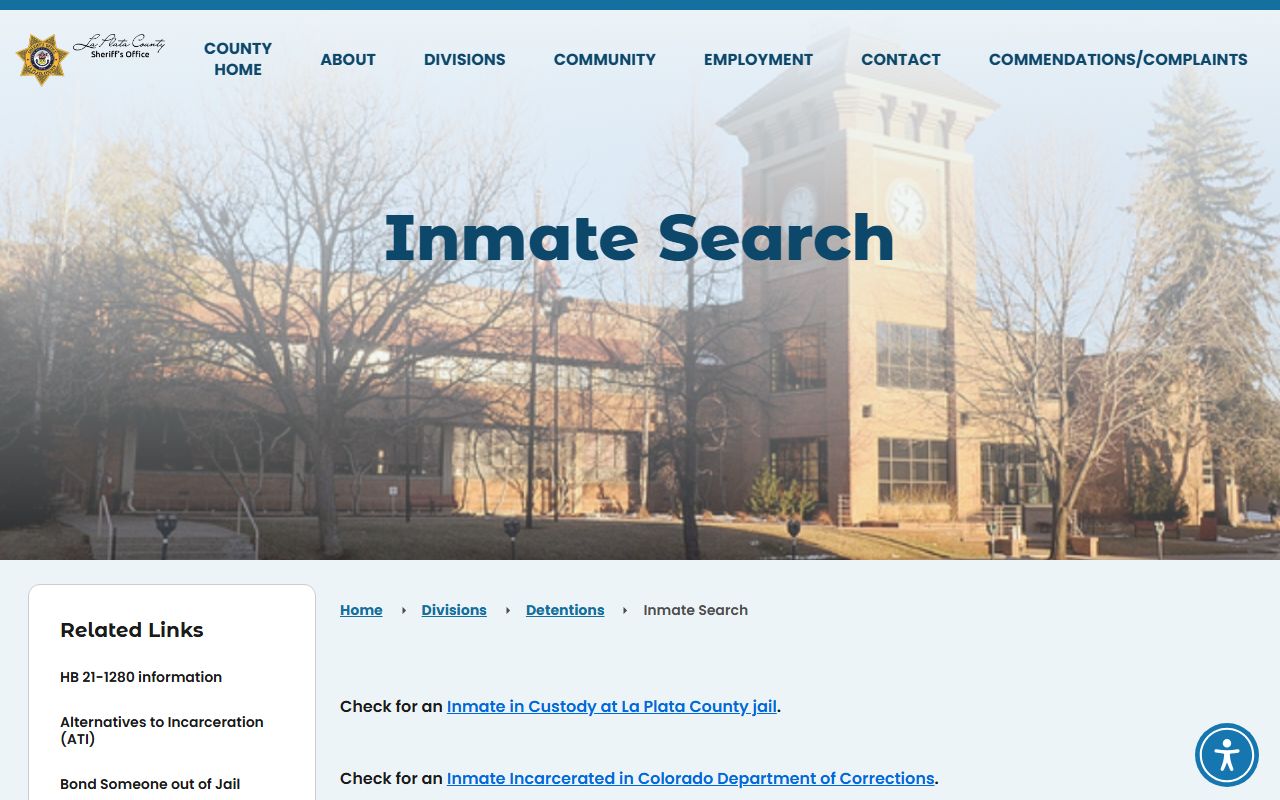 La Plata County inmate search page for booking records