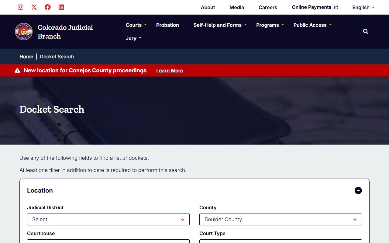 Boulder County court dockets showing 24 hour booking related cases