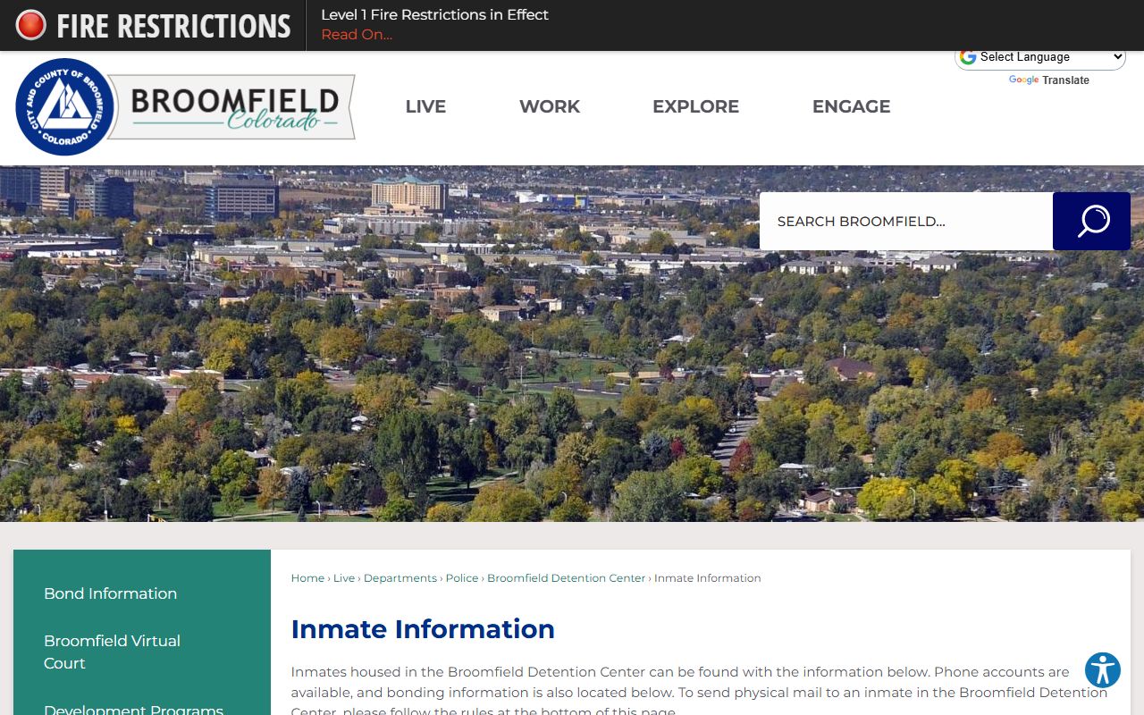 Broomfield County inmate information page for booking records