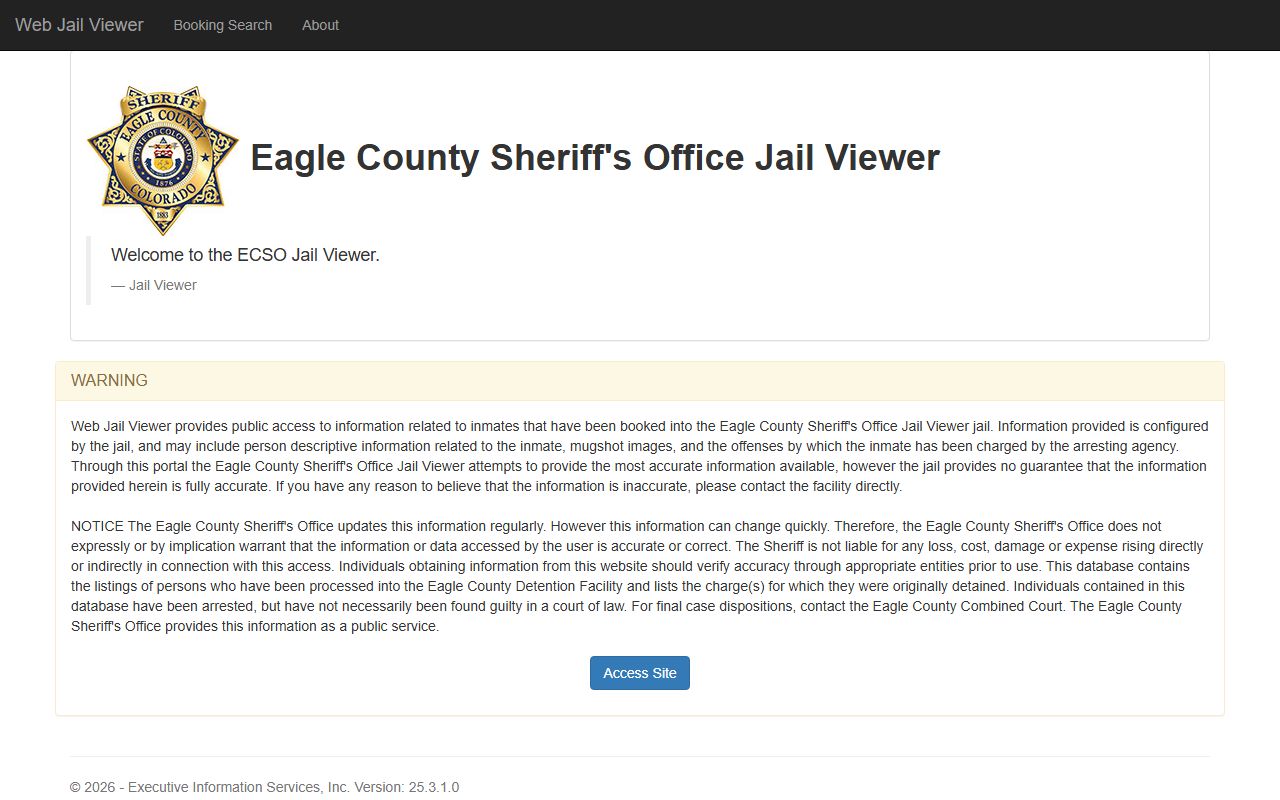 Eagle County Web Jail Viewer showing inmate roster and booking records