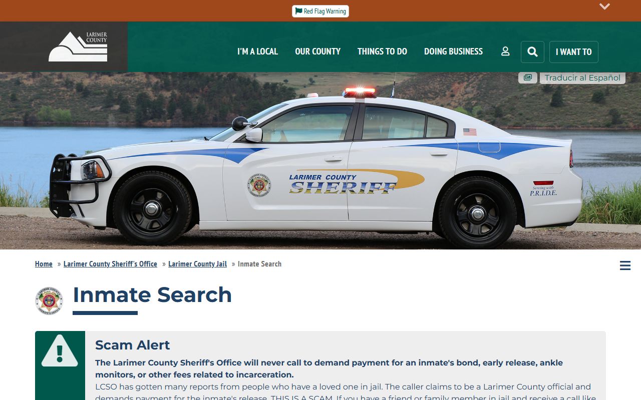 Larimer County inmate search page for booking records
