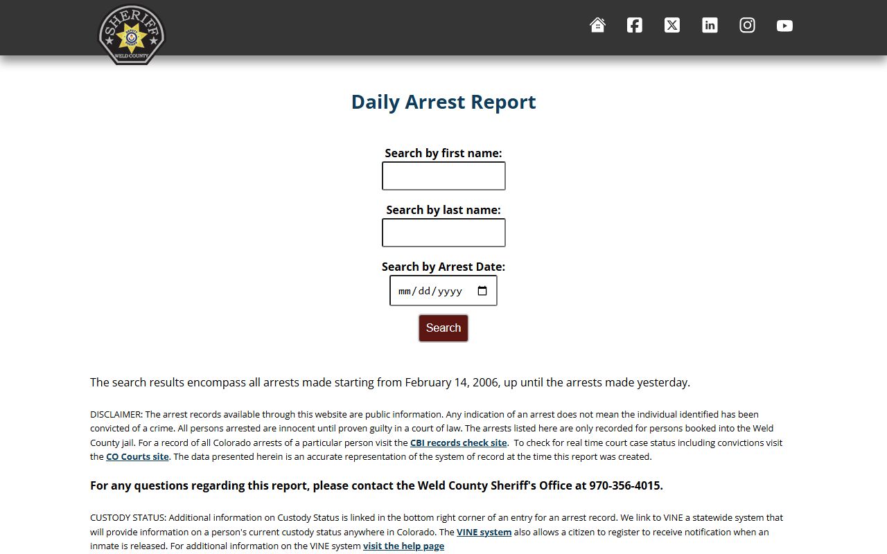 Weld County Daily Arrests page for Greeley 24 hour booking records