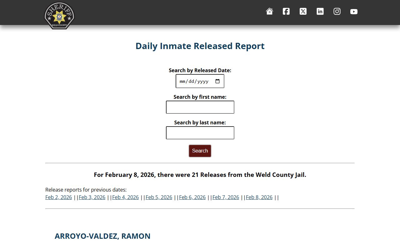 Weld County Daily Releases page for Greeley booking records