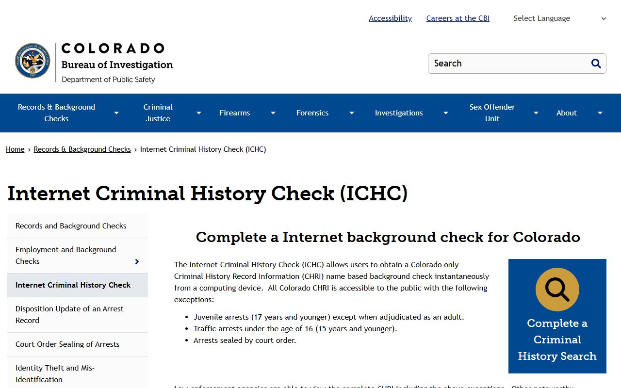CBI Internet Criminal History Check service page for booking records